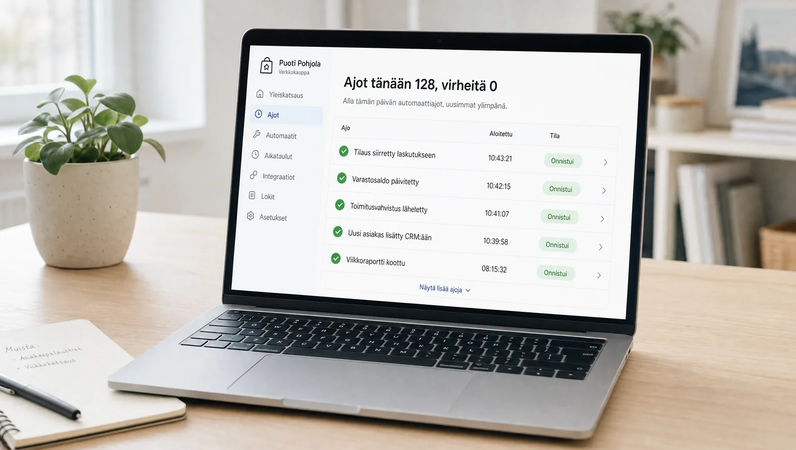 Automaatiotyökalun ajolista läppärillä: 128 ajoa tänään, nolla virhettä