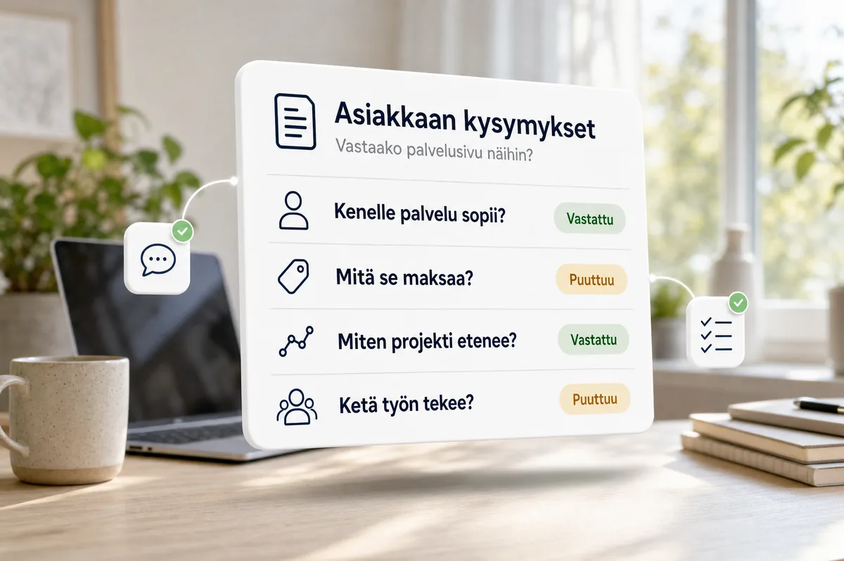 Tabletin näytöllä palvelusivun luonnos ja asiakkaan kysymykset rinnakkain