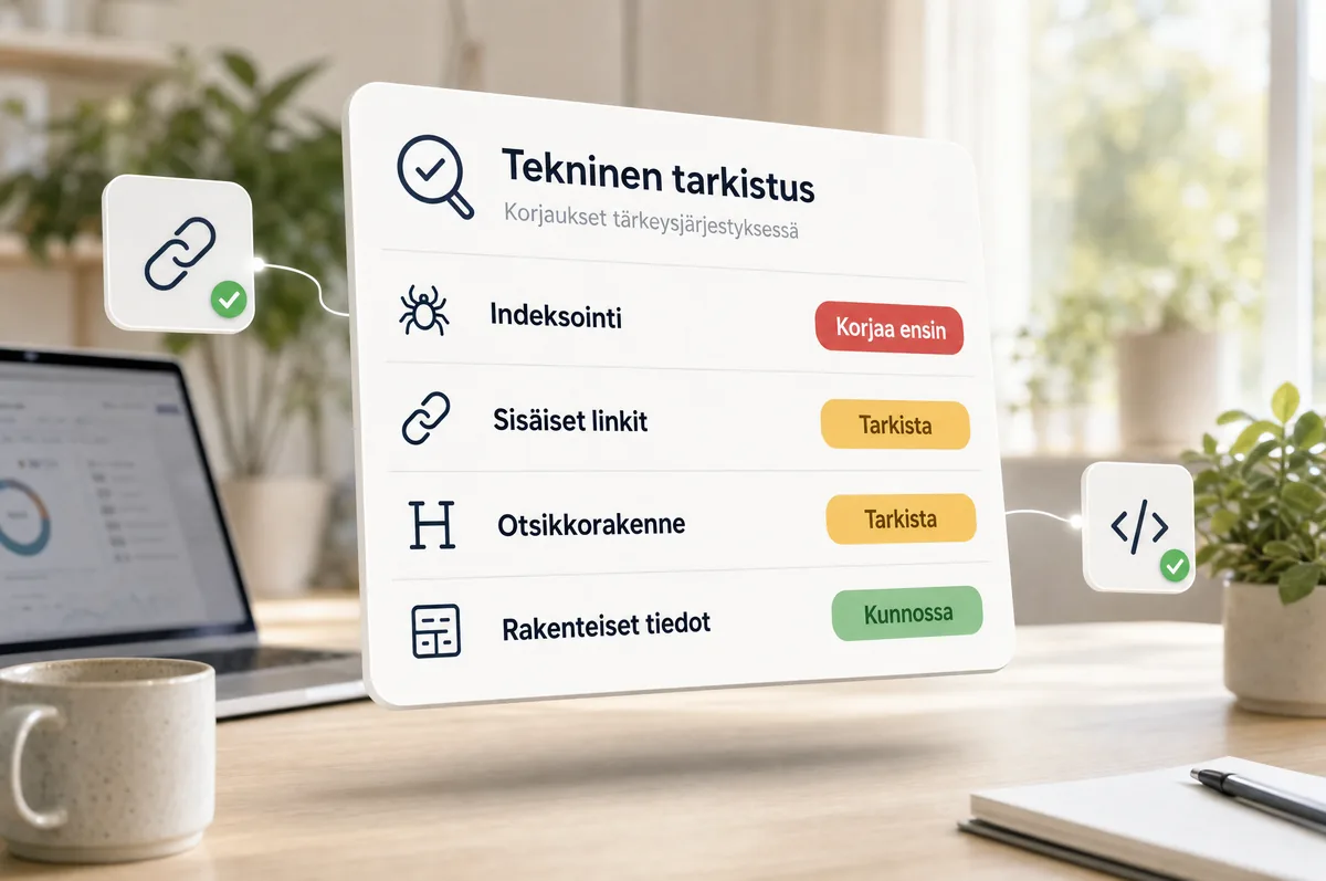 Läppärin näytöllä sivuston teknisen tarkistuksen näkymä