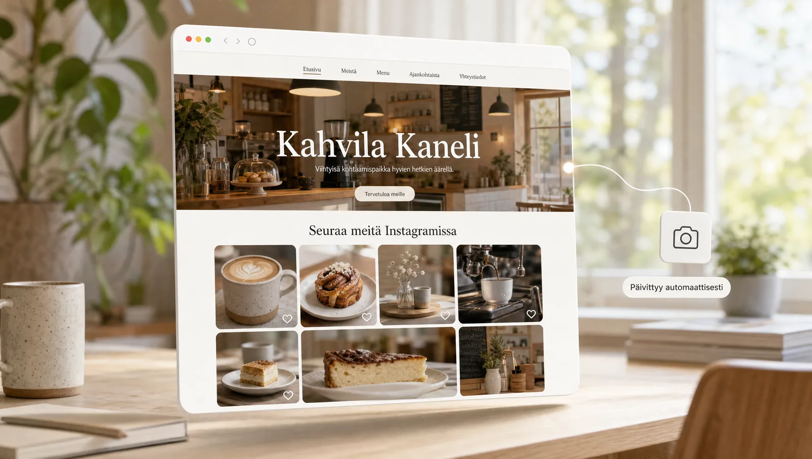 Kahvilan verkkosivu, jonka alaosassa Instagram-feedi päivittyy automaattisesti