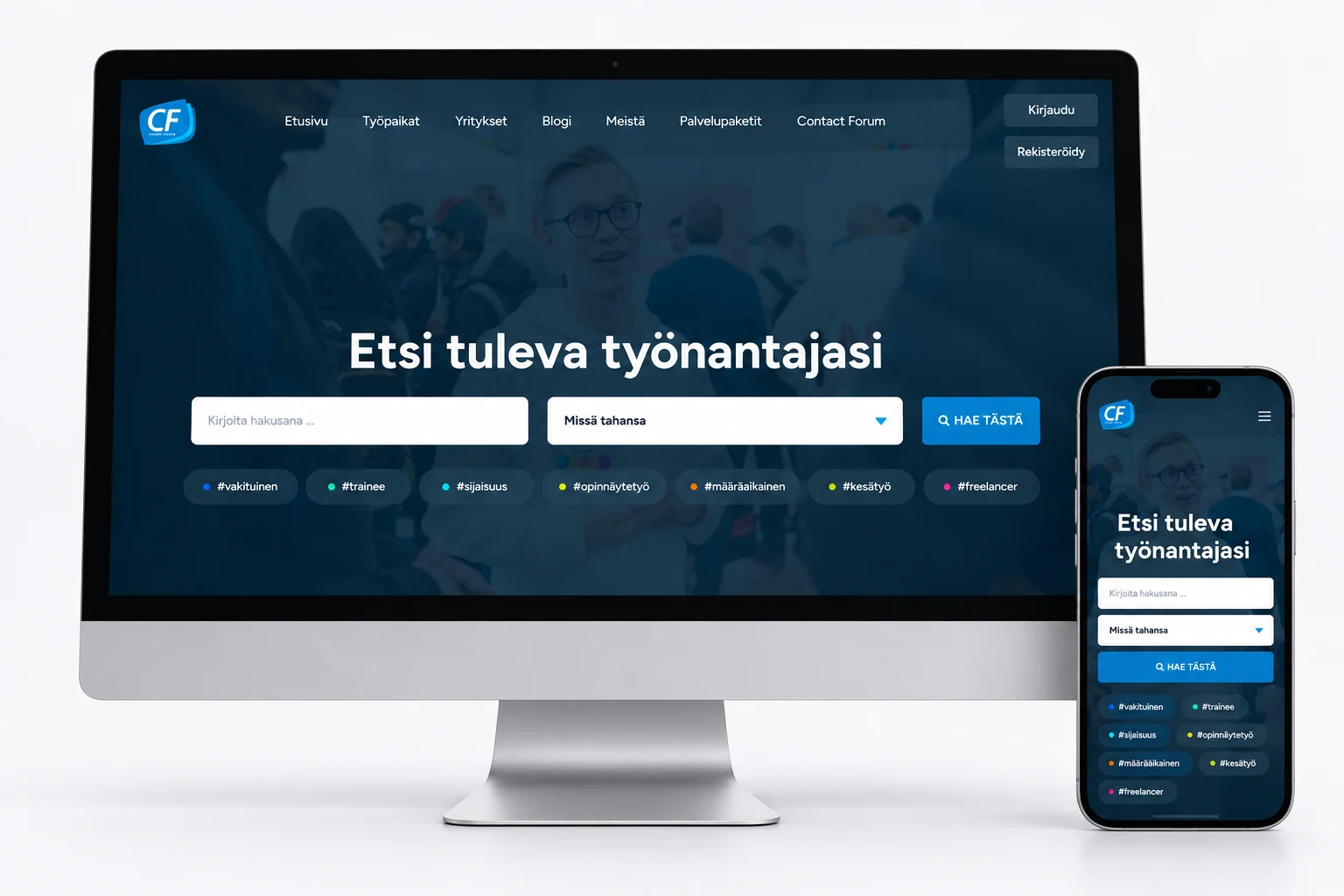 Contact Forum: verkkopalvelun laitemockup tietokoneella ja puhelimella