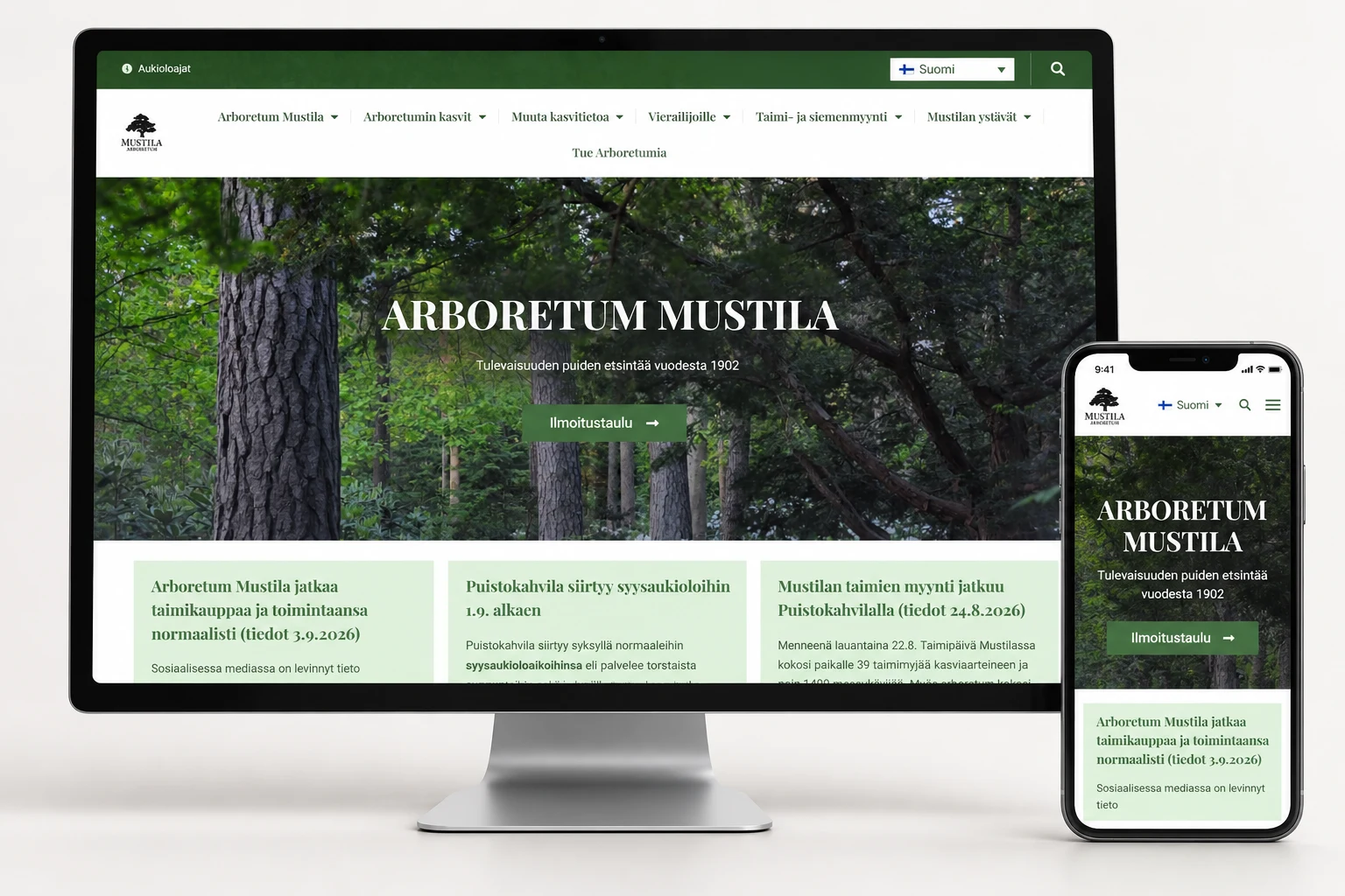 Arboretum Mustila: verkkosivusto tietokoneen ja puhelimen näytöillä