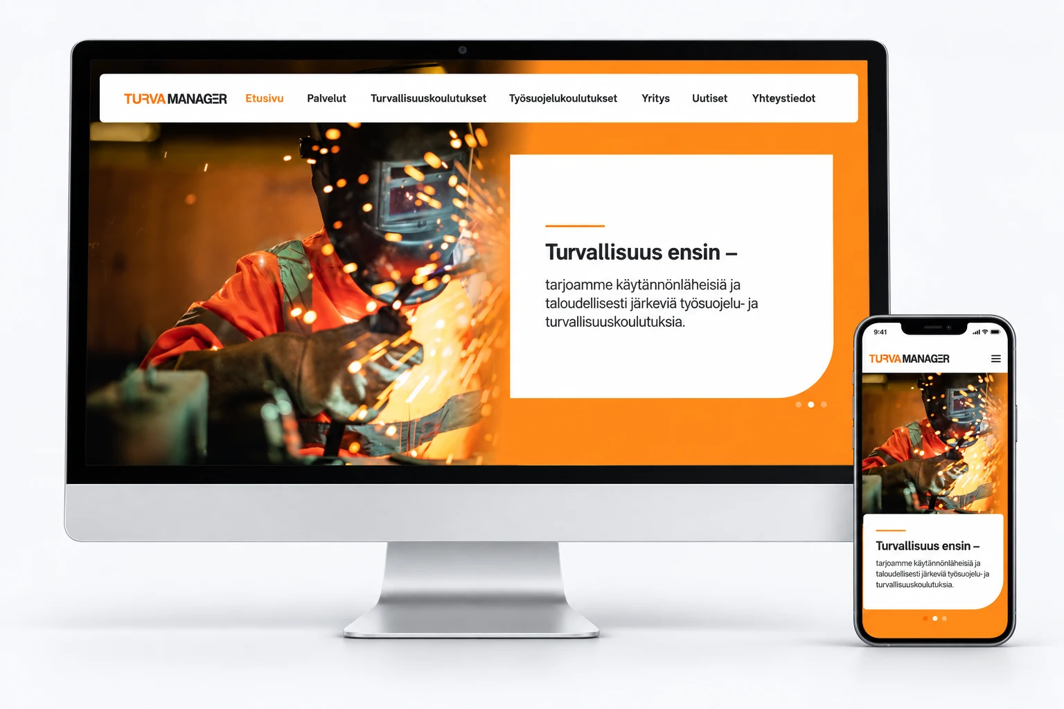 Turva Manager: verkkopalvelun laitemockup tietokoneella ja puhelimella