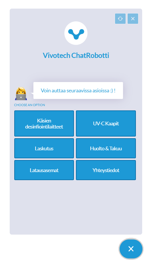 Vivotechin chat-widgetin aloitusnäkymä, jossa asiakas valitsee tuotteisiin, laskutukseen tai huoltoon liittyvän aiheen.