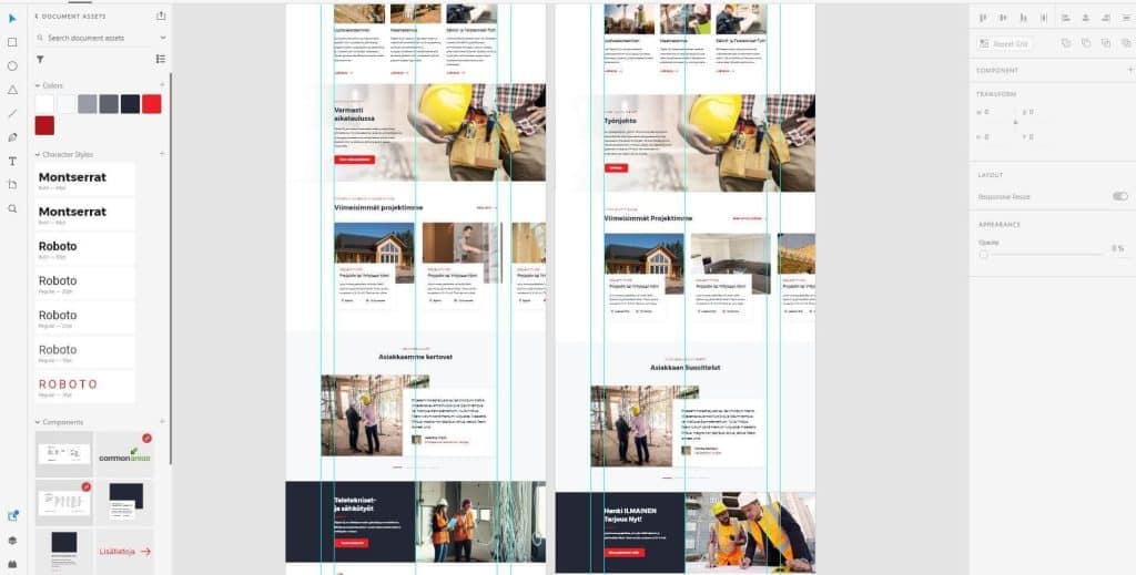 Verkkosivun ulkoasun suunnittelu Adobe XD:ssä.