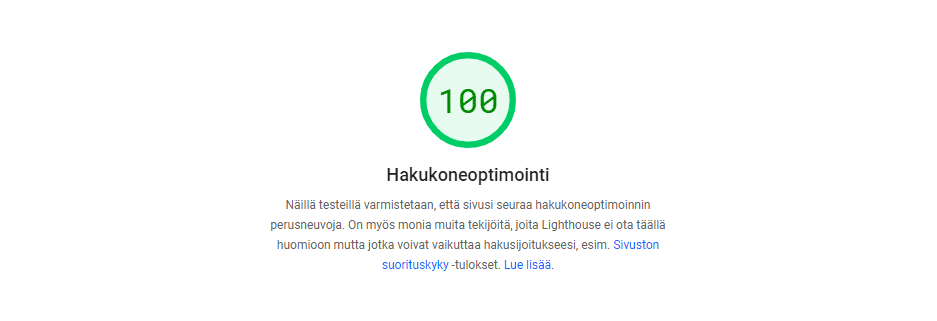Lighthouse-raportin hakukoneoptimoinnin tarkistus: 100 pistettä.