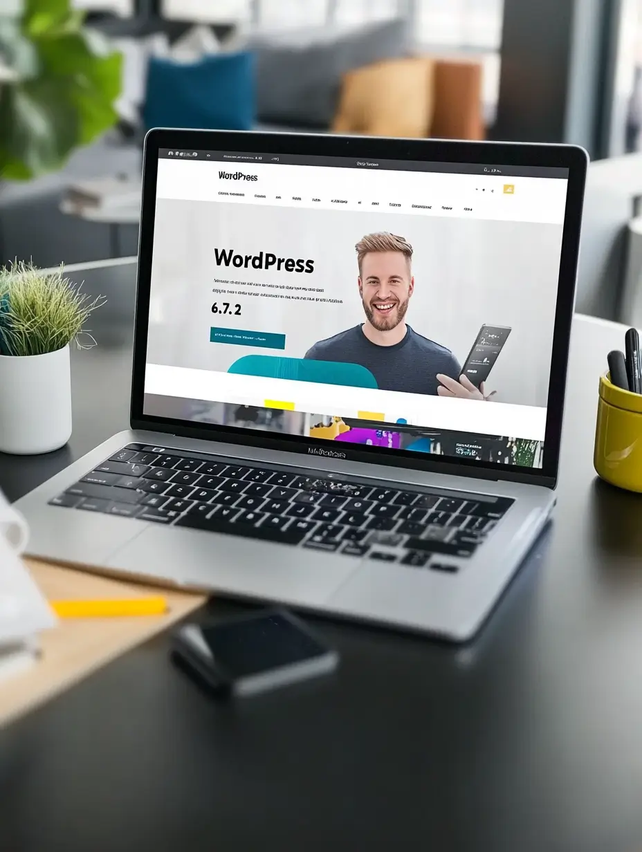 Kannettava tietokone, jonka näytöllä on WordPressiä esittelevä verkkosivu.