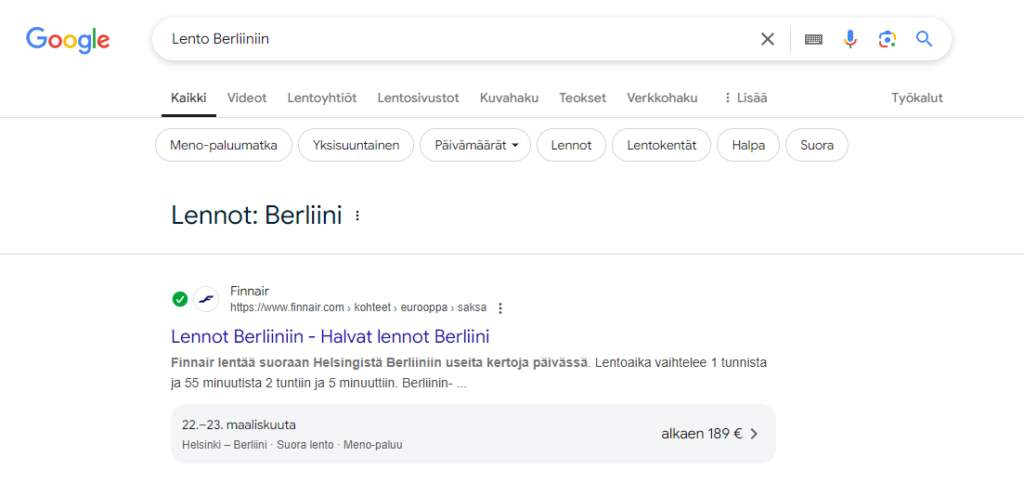 Googlen hakutuloksen lentotiedot ja hinnat.