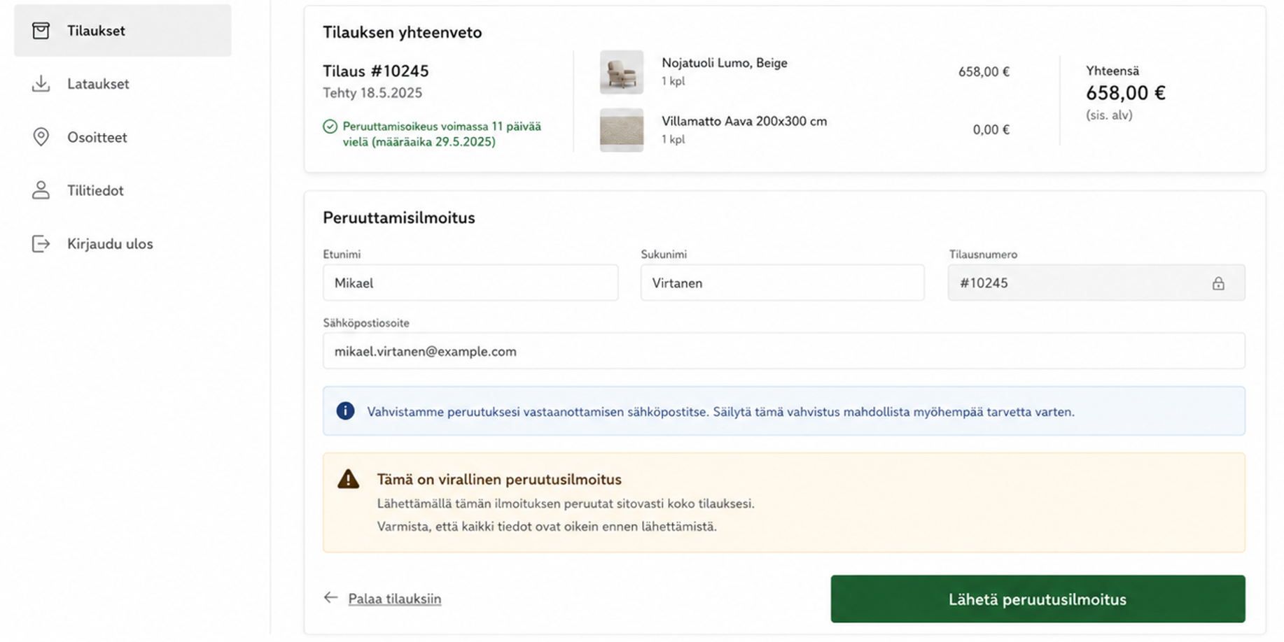 Havaintoestisy lain mukaisesta peruuttamisilmoituksesta WooCommerce Oma asiakastili osiossa. Kuluttajan tulee saada selkeä ymmärrys, että on peruuttamassa tilausta.