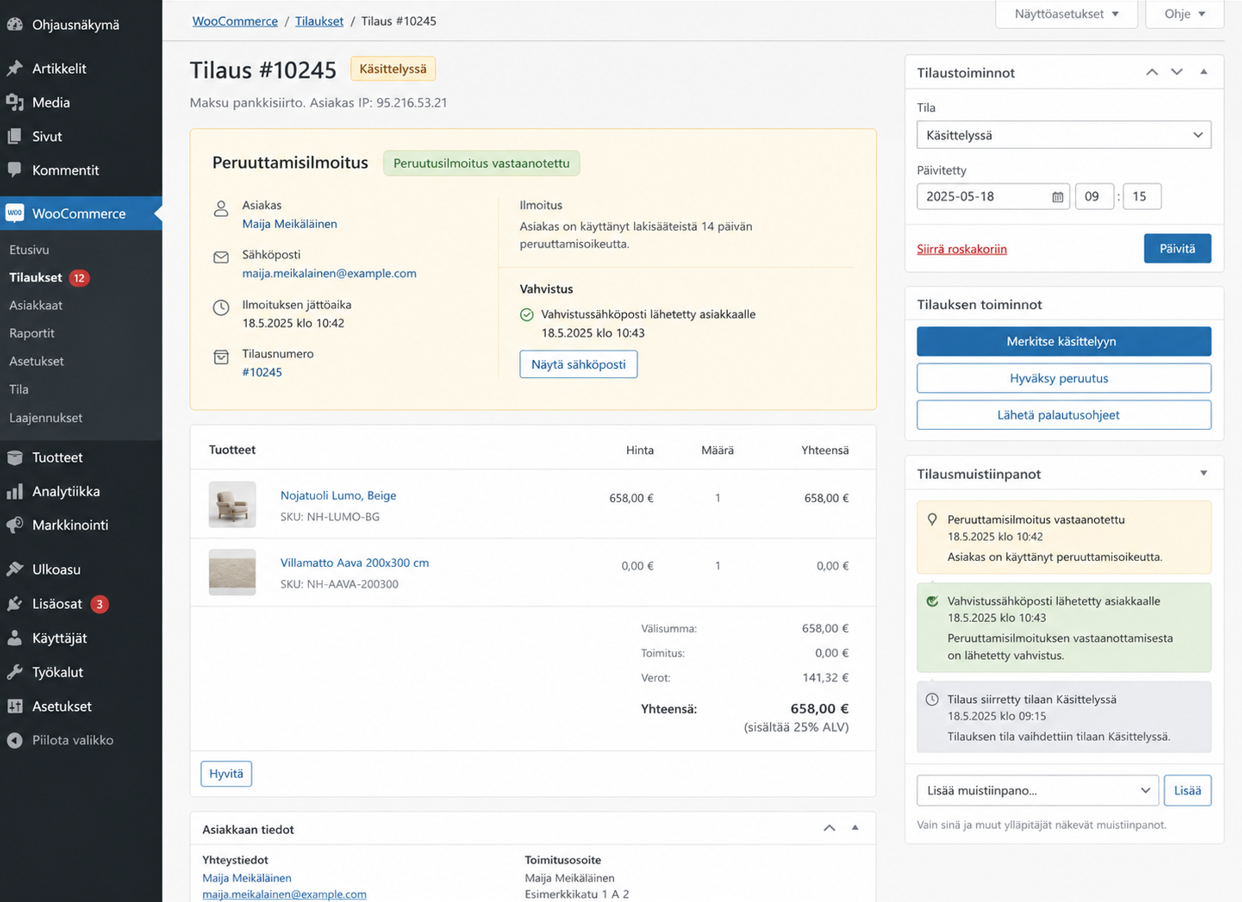 Kuvakaappaus WordPress Admin hallintanäkymästä jossa tilauksenkäsittelijä näkee selkeästi kuluttaja-asiakkailta saadut peruuttamisilmoitukset tilauskohtaisesti suoraan WooCommerce tilaukset näkymässä.